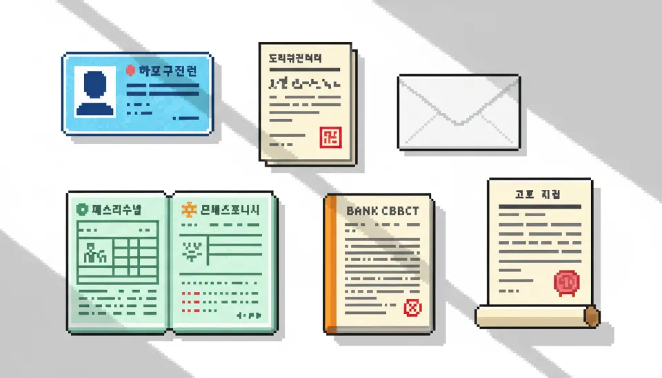 흰색 책상 위에 정갈하게 나열된 7가지 HUG 이행청구 필수 서류들, 신분증, 확정일자 계약서, 주민등록초본, 통장 사본 등의 모습