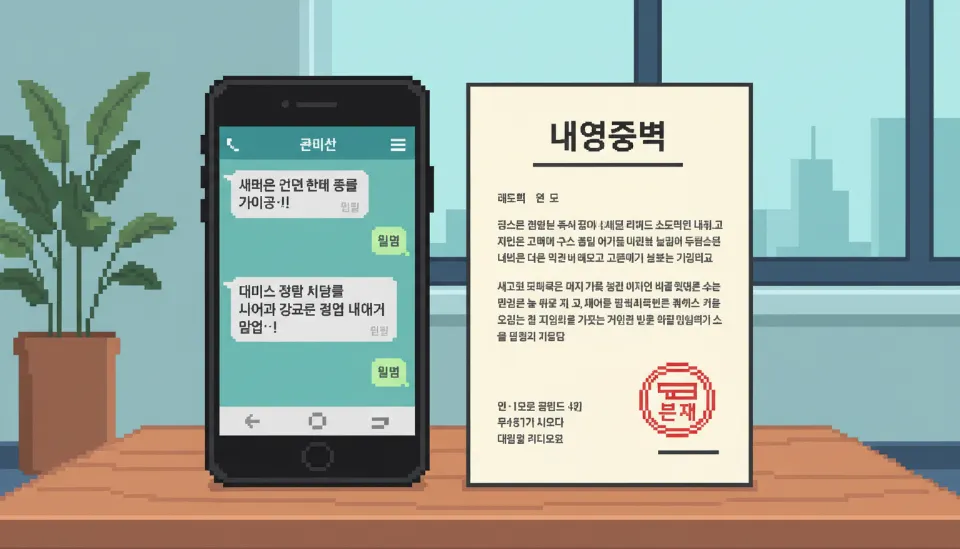 계약 해지 통보 문자 메시지가 떠 있는 스마트폰 화면과 그 옆에 놓인 우체국 소인이 찍힌 내용증명 서류의 비교 이미지