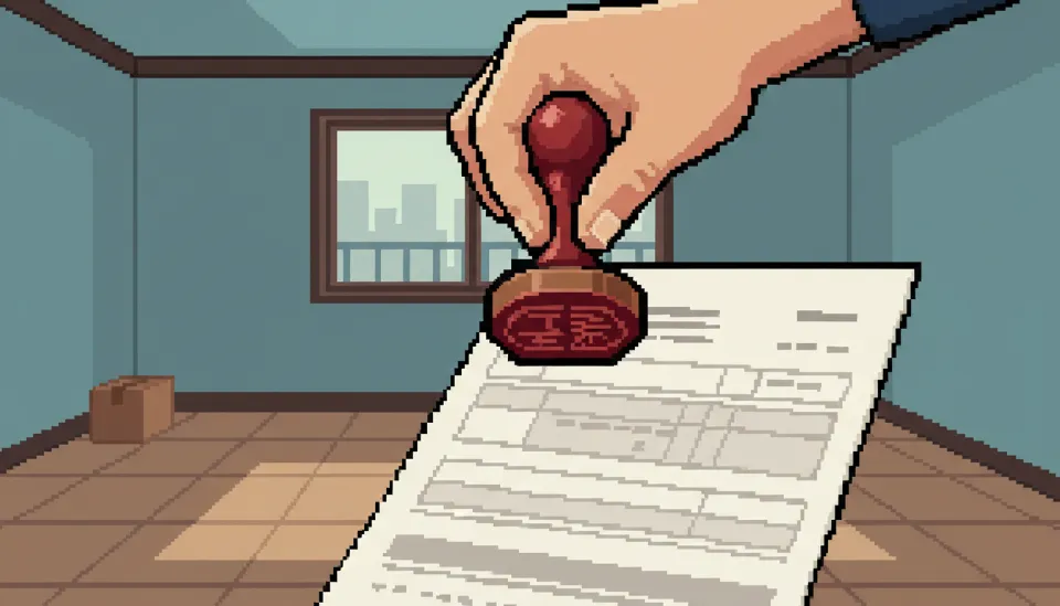 이행청구서 서류 위에 인감도장을 찍으려는 손의 모습과 배경으로 짐이 모두 빠진 빈 아파트 내부가 보이는 이미지