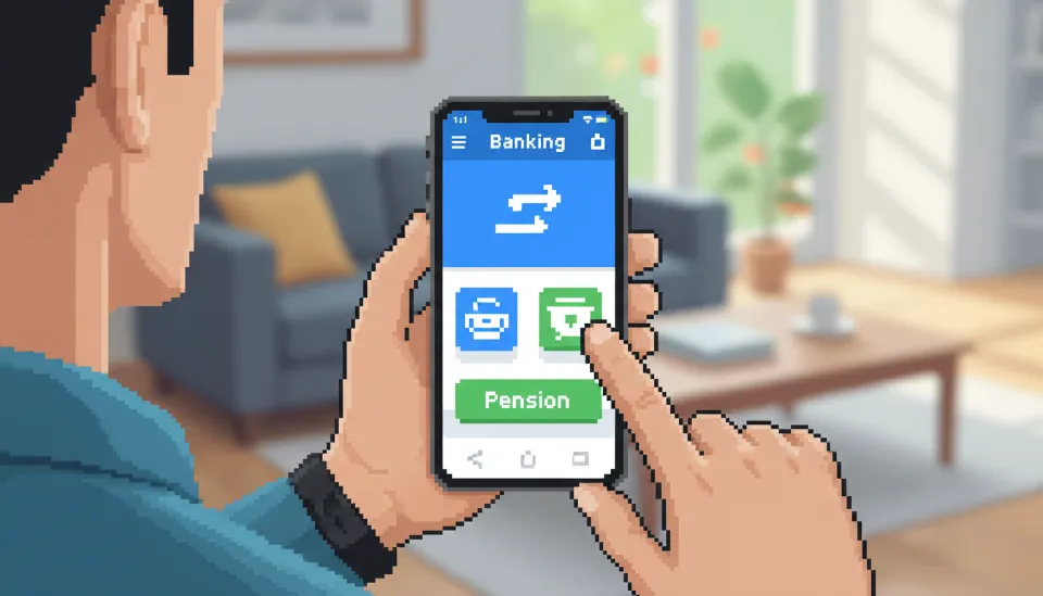 스마트폰 뱅킹 앱에서 ISA 만기 자금을 연금 계좌로 전환하는 버튼을 누르기 직전의 손가락과 화면 UI 클로즈업