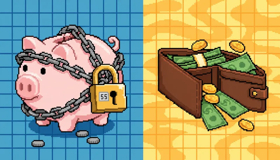 55세까지 자금이 묶이는 것을 상징하는 사슬로 감긴 돼지 저금통과 즉시 사용 가능한 현금이 든 지갑을 대비시킨 일러스트
