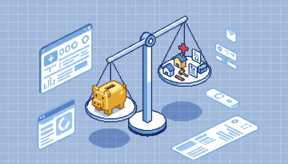 IRP 중도인출이 가능한 의료비, 주택 구입, 파산 등 6가지 법정 사유를 균형 잡힌 저울 위에 아이콘으로 표현한 3D 일러스트