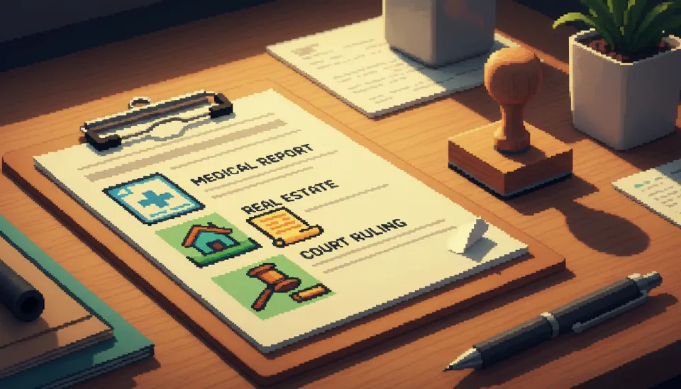 책상 위에 놓인 클립보드 체크리스트와 계약서, 진단서 등 IRP 중도인출을 위한 각종 증빙 서류들이 정갈하게 정리된 모습