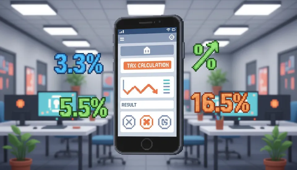 스마트폰 뱅킹 앱 화면에 표시된 세금 계산 결과와 주위에 떠 있는 3.3%, 5.5% 등의 세율 퍼센트 기호 그래픽