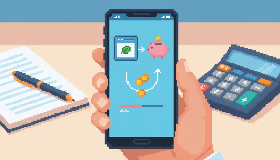 스마트폰 뱅킹 앱 화면에서 ISA 계좌의 만기 자금을 연금 계좌로 이체하는 과정을 보여주는 손과 계산기가 놓여 있는 현대적인 책상 배경