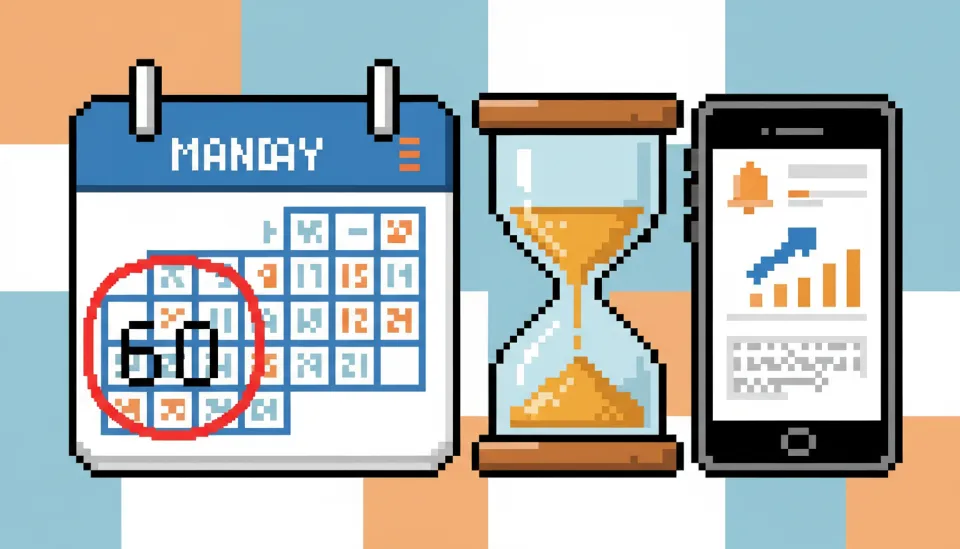 ISA 만기 후 60일 이내 전환 기한을 강조하는 달력의 빨간 동그라미 표시와 모래시계, 금융 알림이 뜬 스마트폰