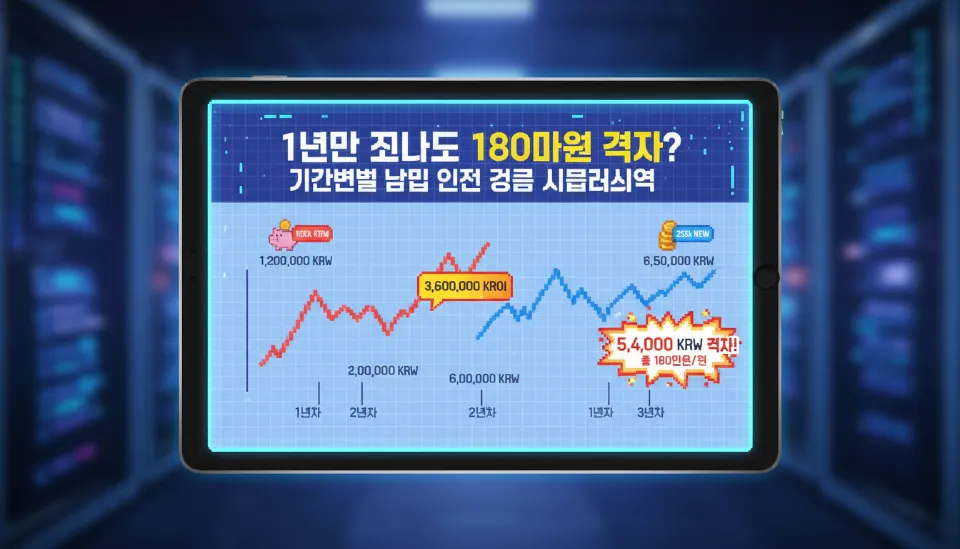 태블릿 화면에 표시된 청약통장 기간별 납입 인정 금액 시뮬레이션 그래프로 10만원과 25만원 납입자의 3년 후 자산 격차를 보여주는 인포그래픽
