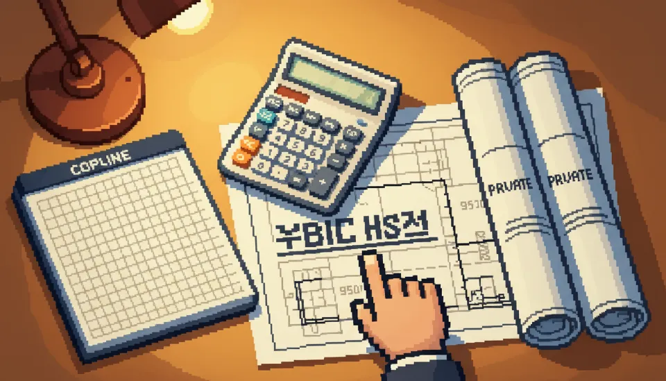 책상 위에 놓인 공공분양과 민간분양 설계도면과 계산기, 그리고 공공분양 쪽을 가리키며 전략을 고민하는 손의 모습을 담은 이미지