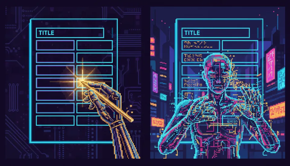 AI 에이전트가 블로그 포스팅의 초안을 작성하고 인간 창업자가 금색 펜으로 핵심 내용을 감수하고 편집하는 협업 프로세스 시각화