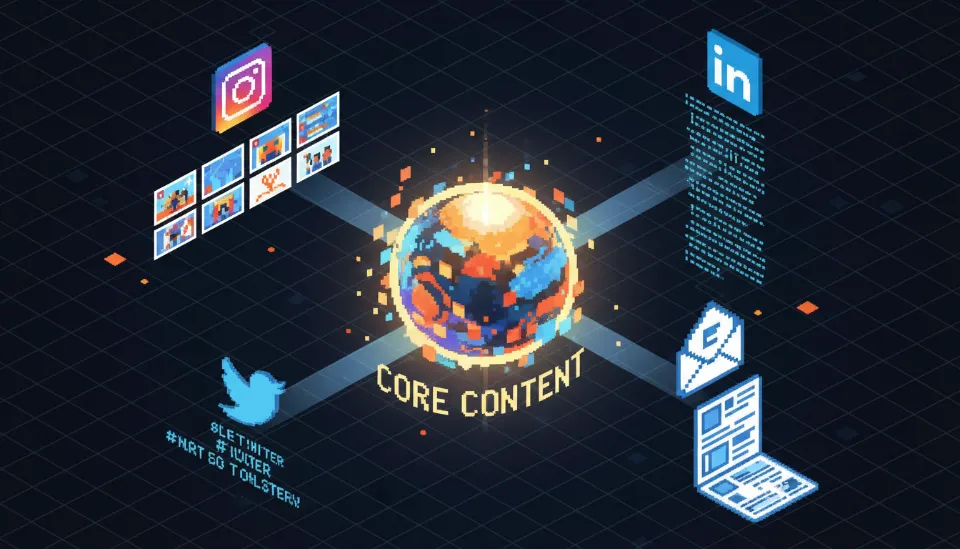 하나의 핵심 블로그 콘텐츠가 인스타그램, 링크드인, 뉴스레터 등 다양한 소셜 미디어 플랫폼 포맷으로 자동 변환되어 확산되는 OSMU 파이프라인 구조도