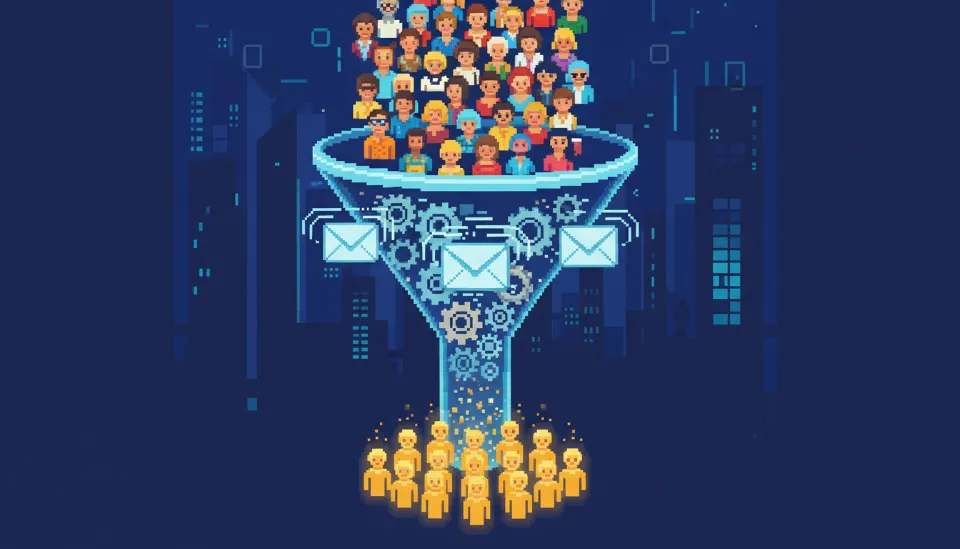 다양한 방문자가 자동화된 이메일 시퀀스와 필터링 시스템을 거쳐 충성도 높은 핵심 고객으로 전환되는 과정을 묘사한 마케팅 퍼널 이미지