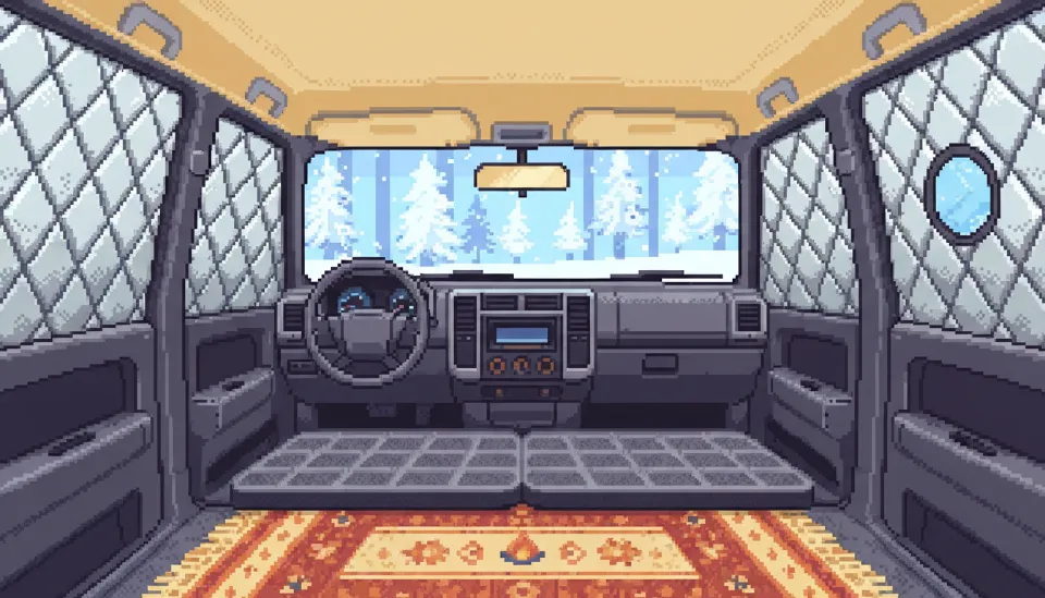 눈 덮인 겨울 풍경을 배경으로 SUV 차량 내부 유리창에 빈틈없이 부착된 은박 퀼팅 단열재와 바닥에 깔린 두꺼운 발포 매트