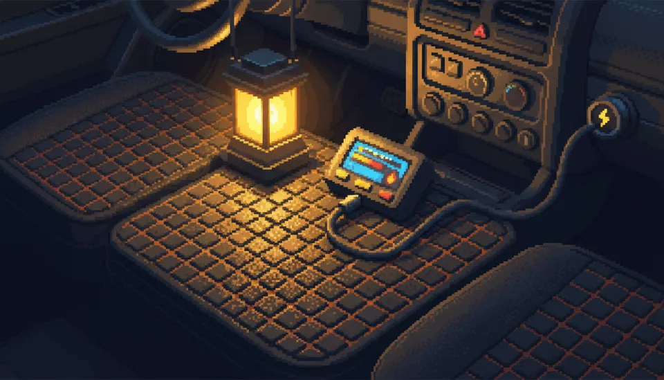 차박용 DC 12V 탄소 온열 매트의 질감과 온도 조절 컨트롤러가 보이는 아늑한 차량 내부 모습