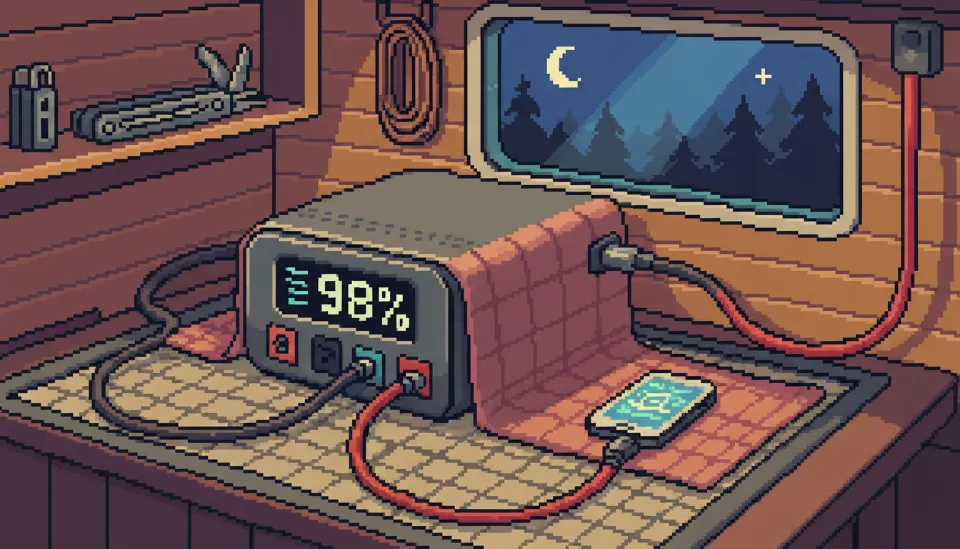 디지털 디스플레이에 잔량이 표시된 리튬인산철 캠핑용 파워뱅크가 케이블과 연결되어 있는 모습