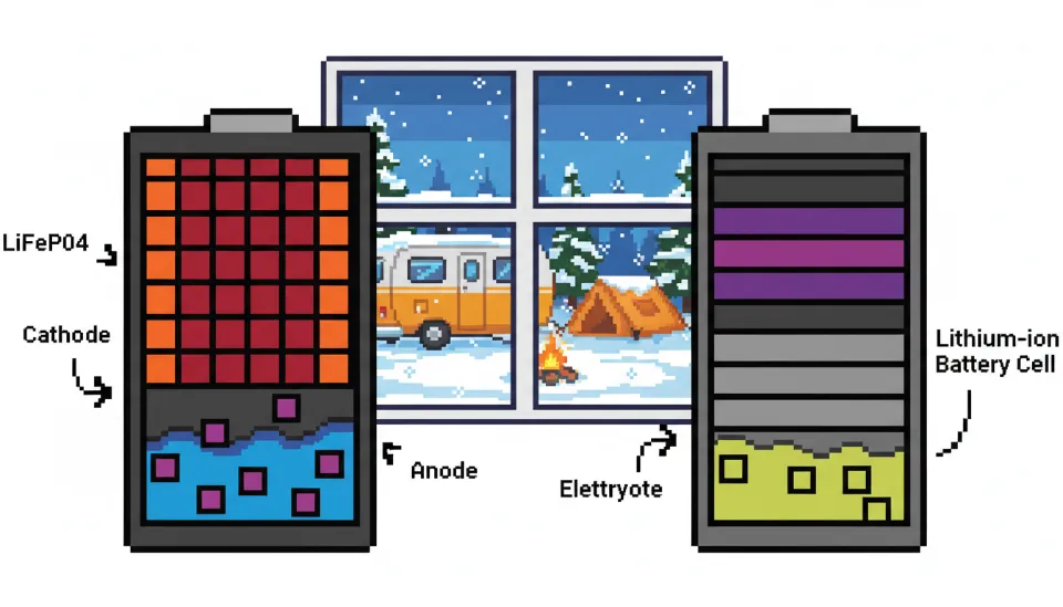 눈 내리는 겨울 캠핑장 배경으로 리튬인산철 배터리와 리튬이온 배터리의 안전성과 효율을 비교하는 인포그래픽 이미지