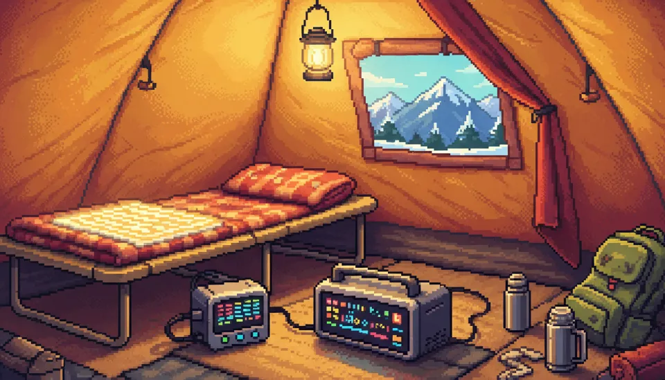 따뜻한 텐트 내부 야전침대 위에 깔린 12V 전기장판과 작동 중인 무시동 히터 컨트롤러, 그리고 전력 소비량을 표시하는 파워뱅크 디스플레이