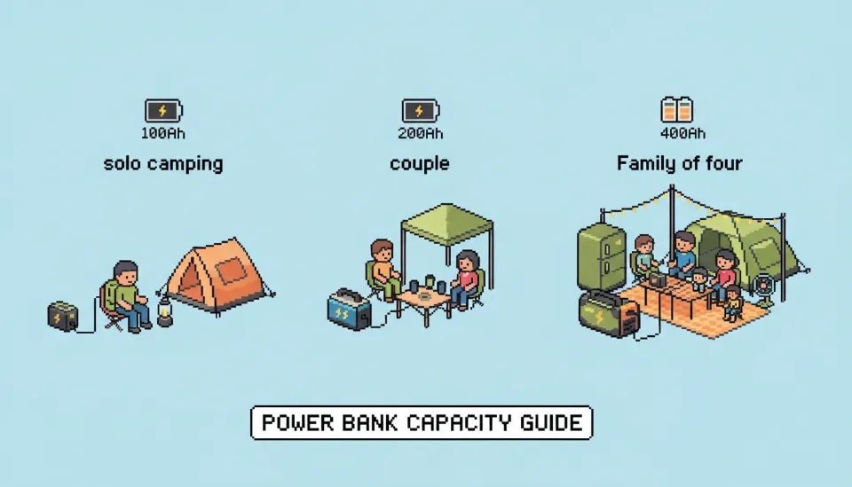 솔로 캠퍼, 커플 캠퍼, 4인 가족 캠퍼별로 필요한 리튬인산철 파워뱅크 용량 차이를 시각적으로 보여주는 일러스트