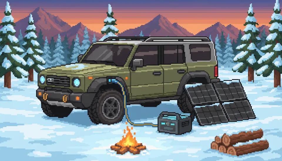 눈 덮인 캠핑장에서 SUV 차량과 연결되어 주행 충전 중인 파워뱅크와 눈이 쌓여 사용하지 않는 태양광 패널의 모습