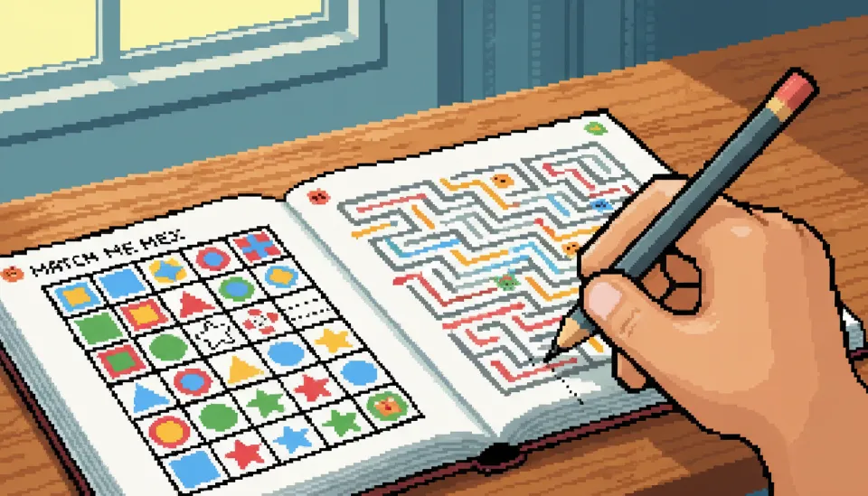 기하학적 패턴 맞추기와 미로 찾기 퍼즐이 인쇄된 기초 인지 훈련 학습지를 풀고 있는 아이의 손과 연필 클로즈업