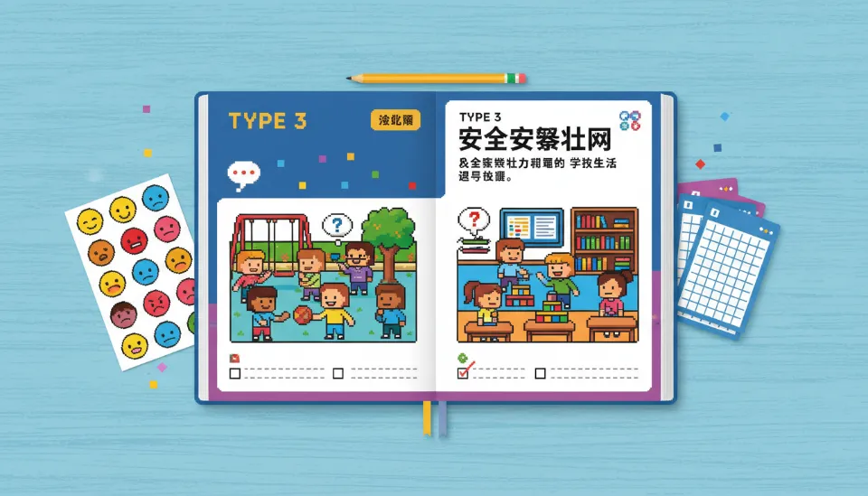 아이들의 상호작용 상황을 만화로 묘사한 사회성 훈련 워크북과 감정 표현 스티커, 체크리스트가 놓인 책상 위 풍경