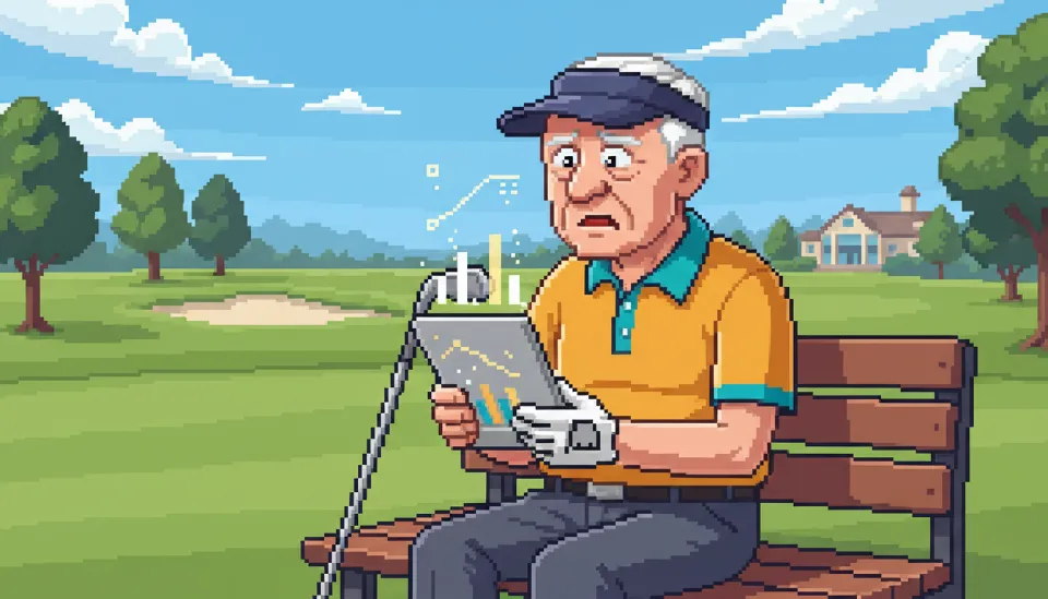 골프장 배경에서 태블릿으로 드라이버 비거리 데이터를 확인하며 고민에 잠긴 70대 시니어 골퍼의 모습