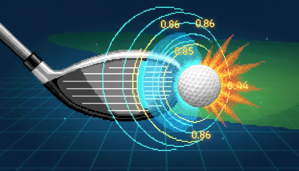 골프공이 드라이버 페이스에 임팩트되는 순간 발생하는 트램펄린 효과와 에너지 파동을 시각화한 그래픽, 반발계수 수치 강조