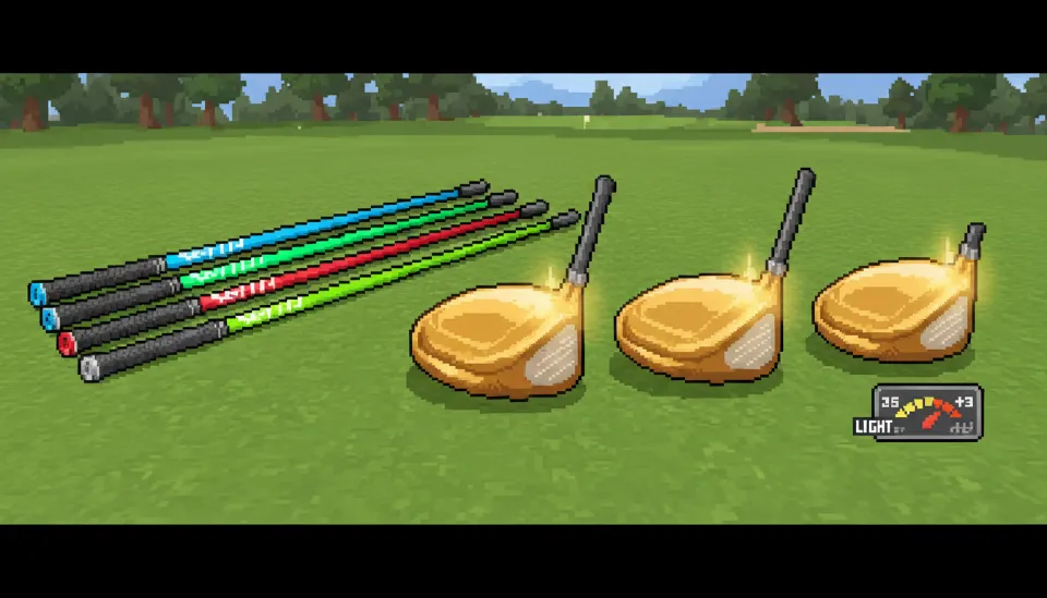 잔디 위에 놓인 다양한 종류의 초경량 시니어용 골프 샤프트와 금빛 고반발 드라이버 헤드 비교 사진