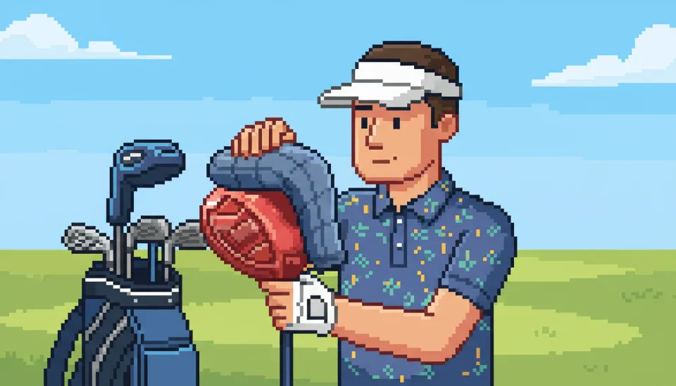 고급 드라이버에 헤드커버를 씌우며 장비를 관리하는 골퍼의 손길, 배경에는 골프백이 놓여 있음