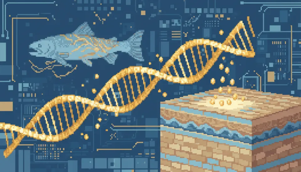 연어에서 추출한 DNA 나선 구조가 황금빛 앰플 방울로 변해 피부 진피층으로 흡수되는 과학적 그래픽
