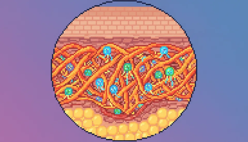 활성화된 섬유아세포가 콜라겐을 생성하여 피부 진피층의 치밀도가 촘촘해지는 과정을 보여주는 단면도