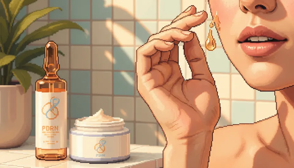 욕실에서 40대 여성이 투명한 호박색 PDRN 앰플을 얼굴에 부드럽게 펴 바르며 흡수시키는 클로즈업 사진