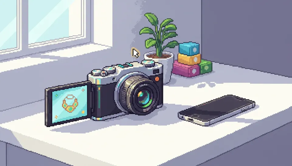 화이트 데스크 위에 놓인 가성비 미러리스 카메라와 스마트폰의 크기를 비교한 모습, 스위블 액정이 펼쳐져 있어 1인 쇼핑몰 촬영에 최적화된 구도