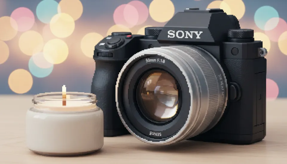 밝은 조리개 값을 가진 50mm 단렌즈가 장착된 카메라와 배경 흐림 효과가 적용된 캔들 제품 사진 연출