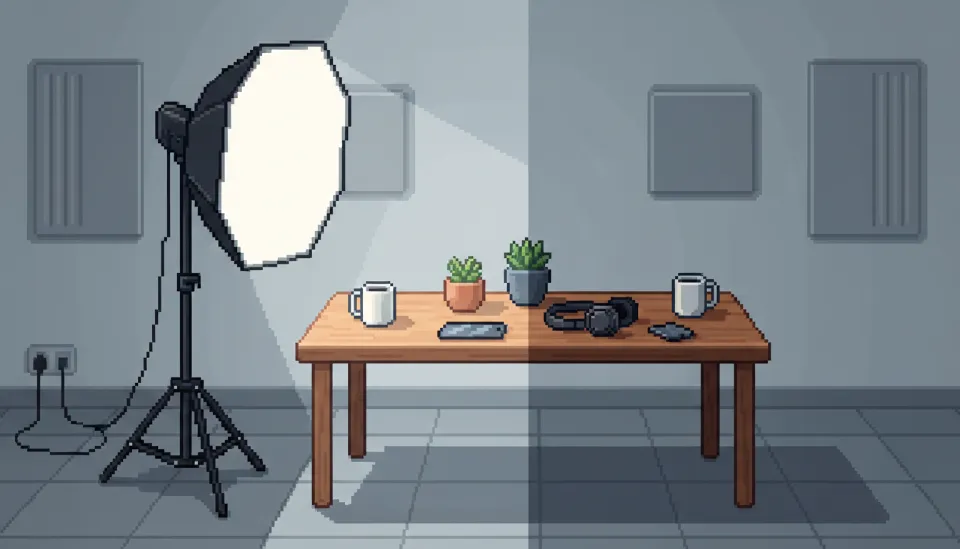 소프트박스가 장착된 LED 지속광 조명이 제품 촬영 테이블을 비추고 있는 홈 스튜디오 조명 세팅 장면