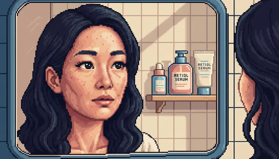 거울을 보며 눈가와 입가 피부 탄력을 확인하는 40대 여성의 클로즈업, 민감성 피부 안티에이징 고민을 표현하는 모습