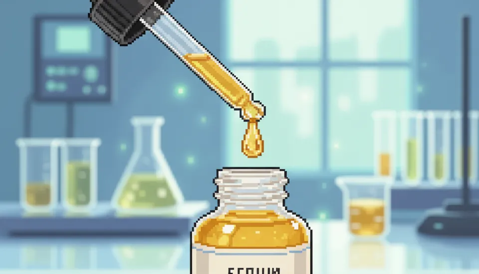 스포이드로 떨어뜨리는 소량의 0.01% 저농도 레티놀 세럼 텍스처, 민감성 피부를 위한 안전한 안티에이징 화장품 이미지