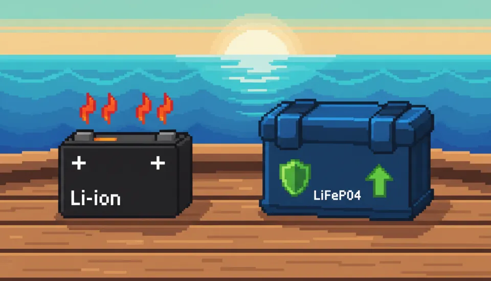 선상 낚시 보트 데크 위에 놓인 검은색 리튬이온 배터리 팩과 파란색 리튬인산철 배터리 팩의 크기와 디자인 비교 모습