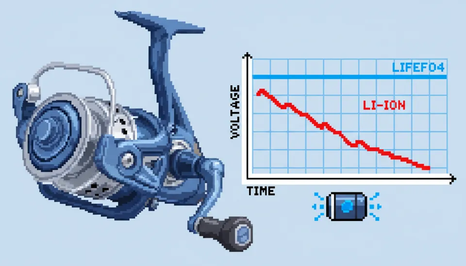 시간 경과에 따른 리튬이온의 전압 하강 곡선과 리튬인산철의 일정한 전압 유지 그래프가 오버레이 된 전동릴 이미지