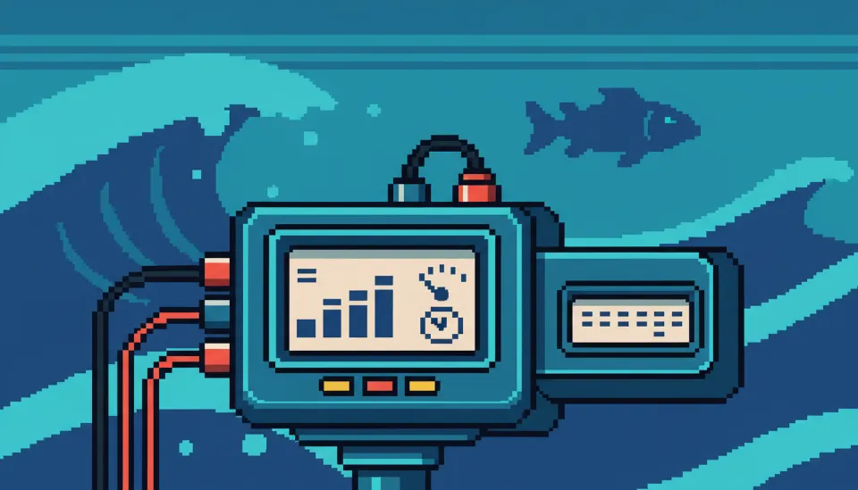 수심 120m가 표시된 전동릴과 연결된 배터리 디스플레이 화면에 14.8V 전압과 98% 잔량이 표시된 클로즈업 사진
