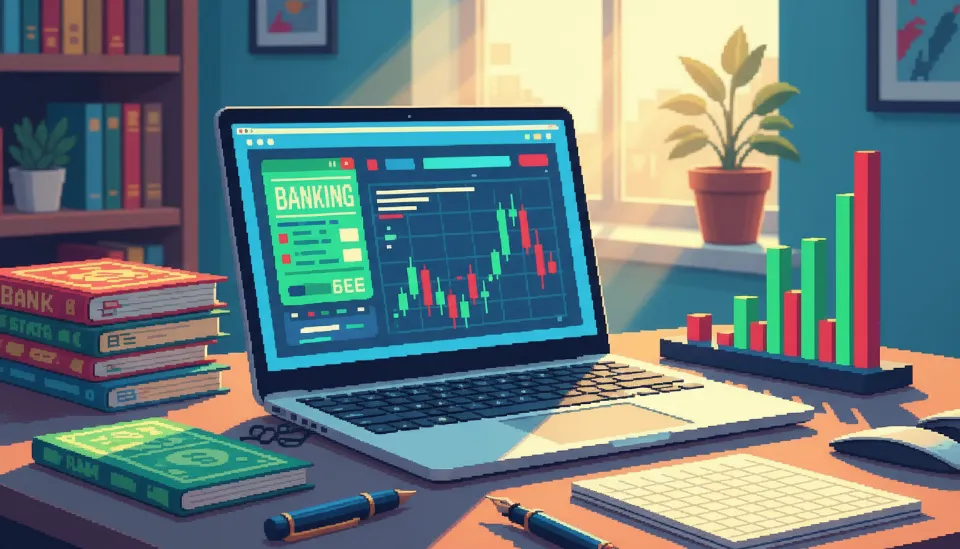 노트북 화면의 뱅킹 앱과 쌓여있는 통장들, 주식 그래프가 보이는 책상 위 풍경을 통해 본 자기 자금 항목 준비 과정