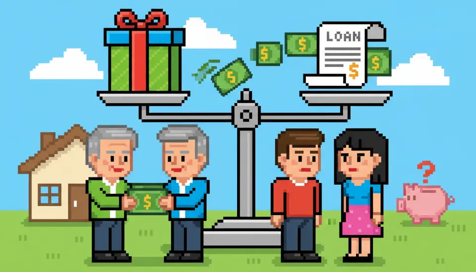 증여와 대출 사이의 균형을 나타내는 저울과 부모님이 신혼부부에게 자금을 건네주는 모습, 차용증의 중요성을 상징