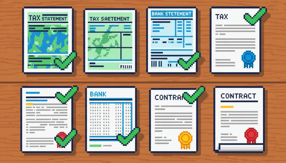 세금 신고서, 은행 명세서, 계약서 등 다양한 공식 문서들이 체크리스트와 함께 정돈되어 있는 완벽한 서류 준비 상태