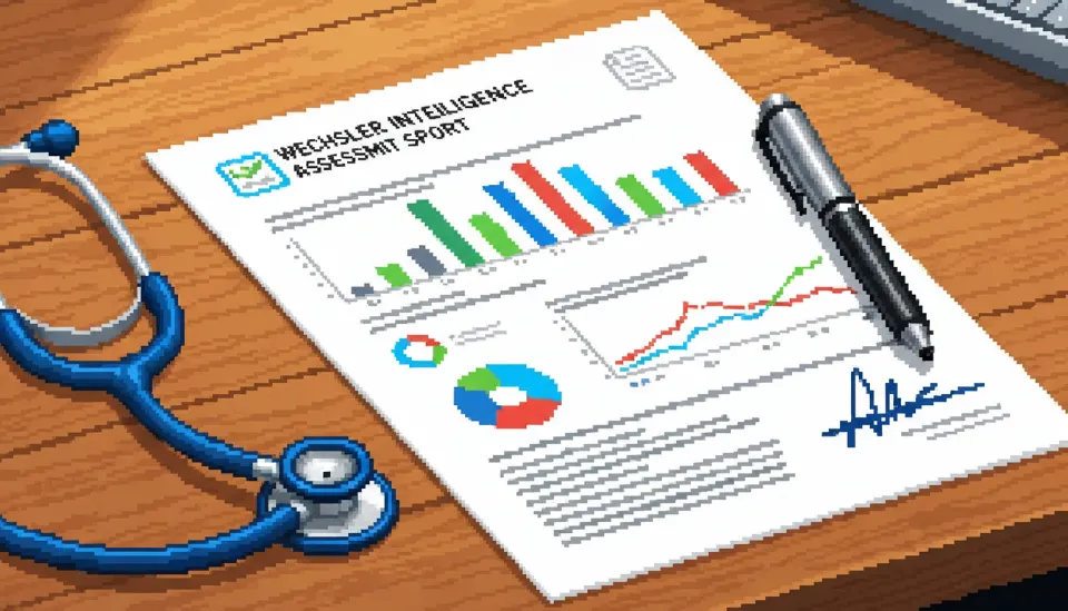 의사 책상 위에 놓인 웩슬러 지능검사 결과지 상세 보고서와 청진기, 경계선 지능 판정을 위한 전문적인 의료 서류의 모습