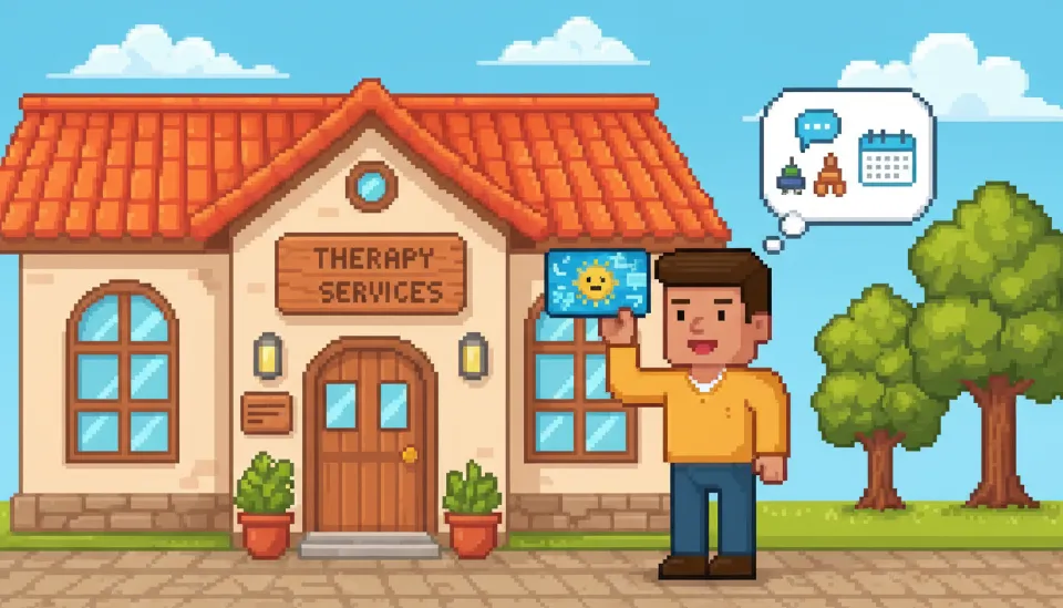 발달재활서비스 바우처가 탑재된 국민행복카드를 손에 든 부모가 언어치료와 놀이치료를 제공하는 아동 발달 센터 앞에서 안내판을 보고 있는 모습