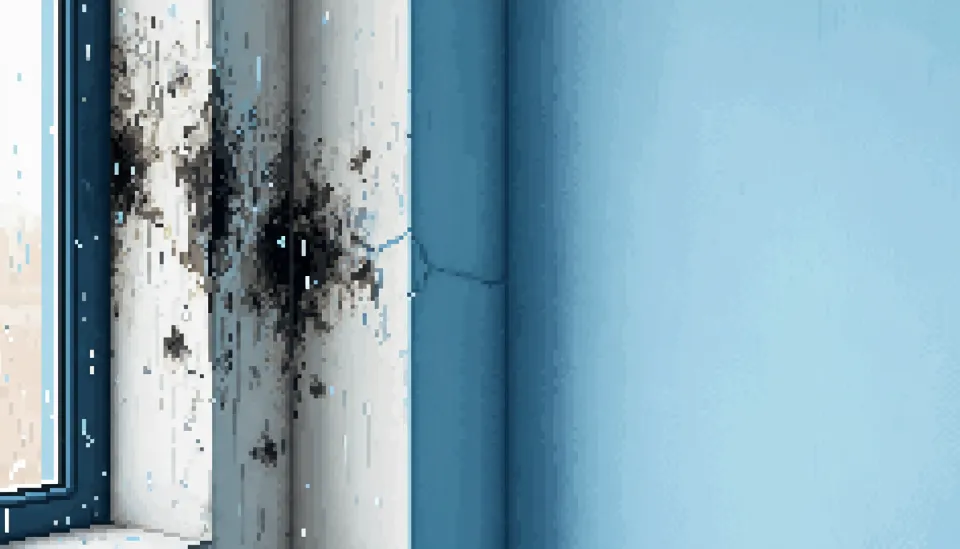 구축 아파트 베란다 구석에 심하게 피어난 검은 곰팡이와 결로 현상으로 인해 페인트가 벗겨진 벽면의 적나라한 모습