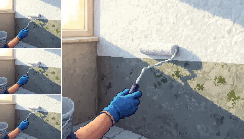 베란다 벽면에 흰색 탄성코트 페인트를 롤러로 칠하고 있는 모습, 회색 시멘트 벽이 밝고 깨끗하게 변해가는 과정