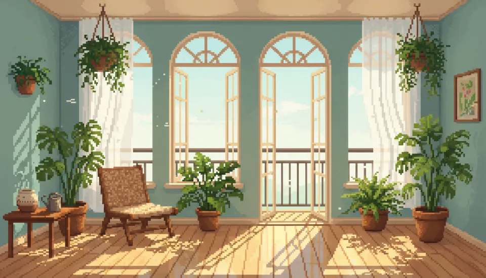 탄성코트 시공 후 햇살이 들어오는 깨끗하고 쾌적한 베란다 풍경, 창문이 열려 있어 환기가 잘 되고 있는 모습