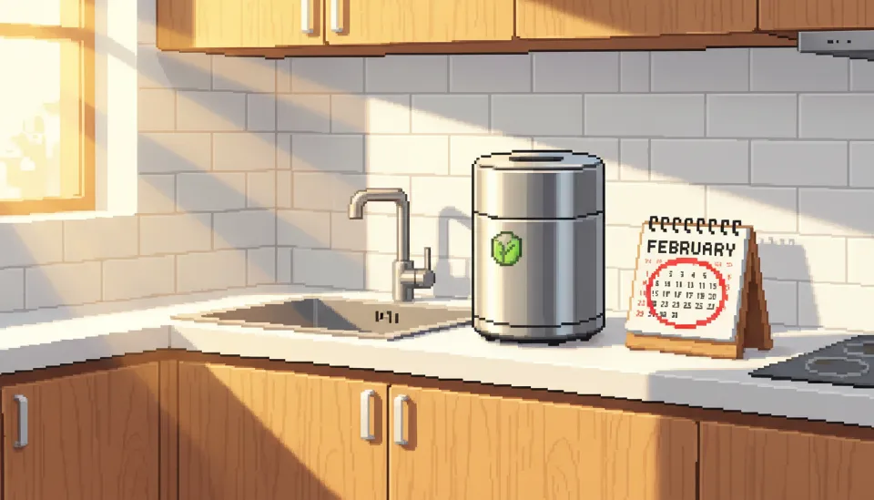 2026년 2월 달력이 놓인 주방 싱크대 옆 최신형 친환경 음식물 처리기 모습, 보조금 신청 마감 임박을 알리는 이미지