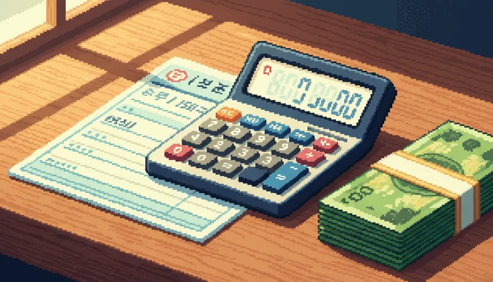 계산기와 한국 혼인신고서가 놓인 책상 위에서 신혼부부 전세자금대출 소득 요건을 계산하는 모습