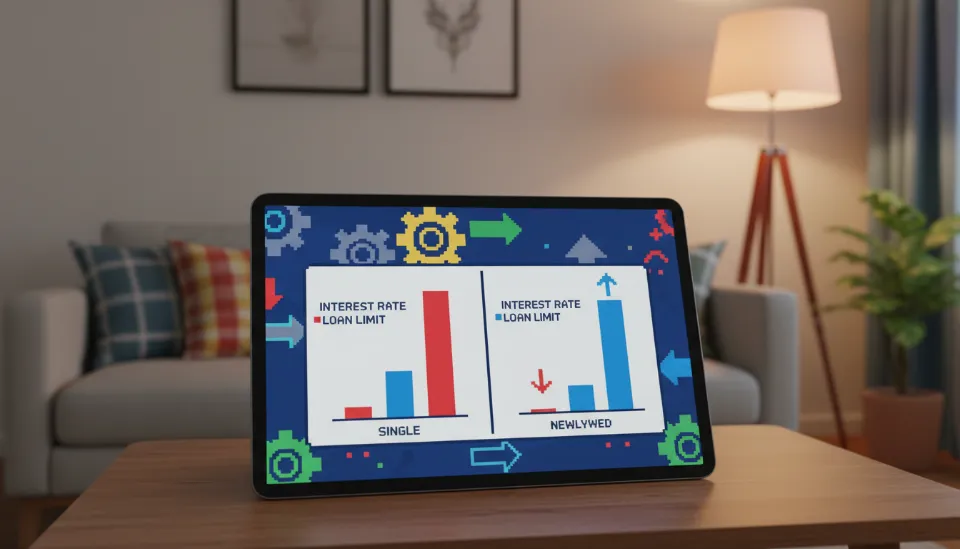 태블릿 화면에 표시된 청년 전용 대출과 신혼부부 전용 대출의 금리 및 한도 비교 그래프